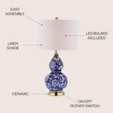 27" Blue/White Ceramic Chinoiserie Table Lamp, Traditional Floral Double Gourd Vase Lamp with White Linen Drum Shade