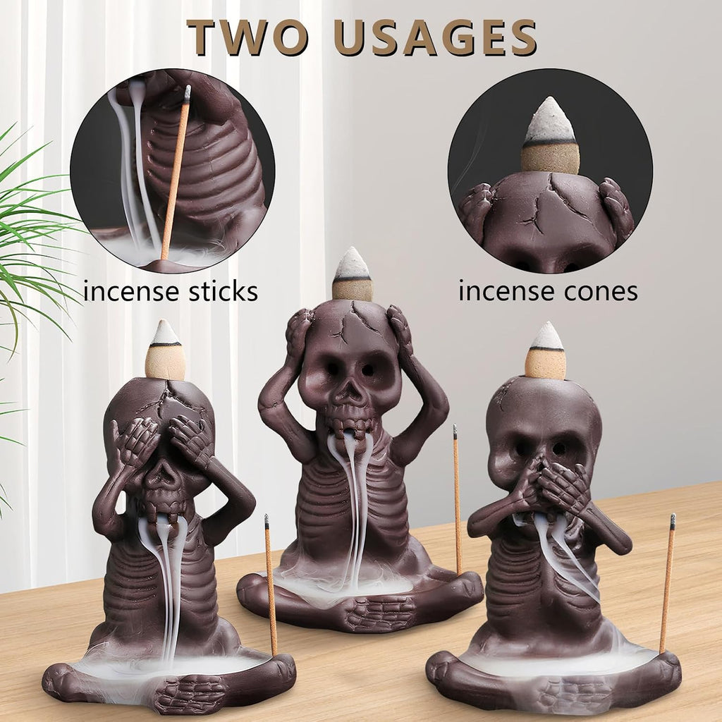 Backflow Incense Burner Skull Decor Incense Stick Holder Reverse Flow Censer Incense Waterfall Burner + Backflow - Set of 3