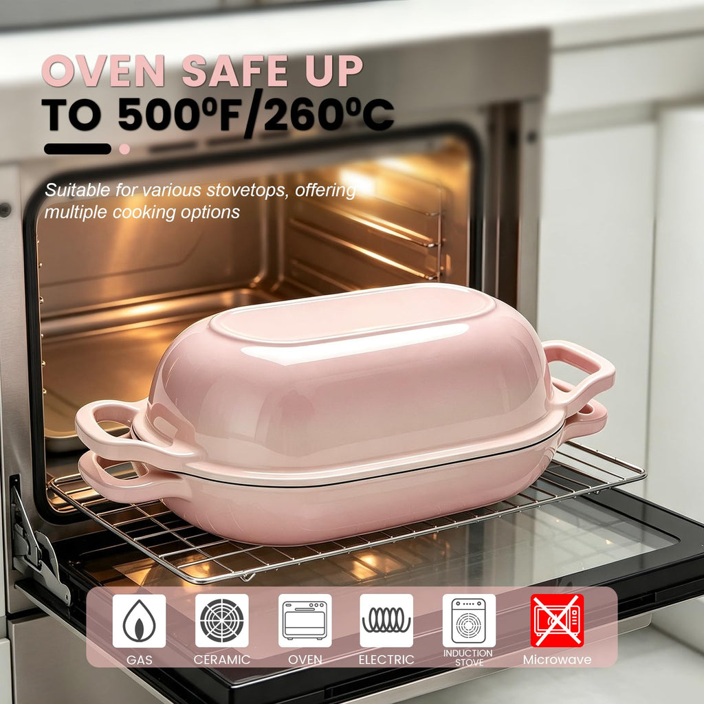 Oval Cast Iron Dutch Oven, Sourdough Bread Baking Pan with Lid, Pink