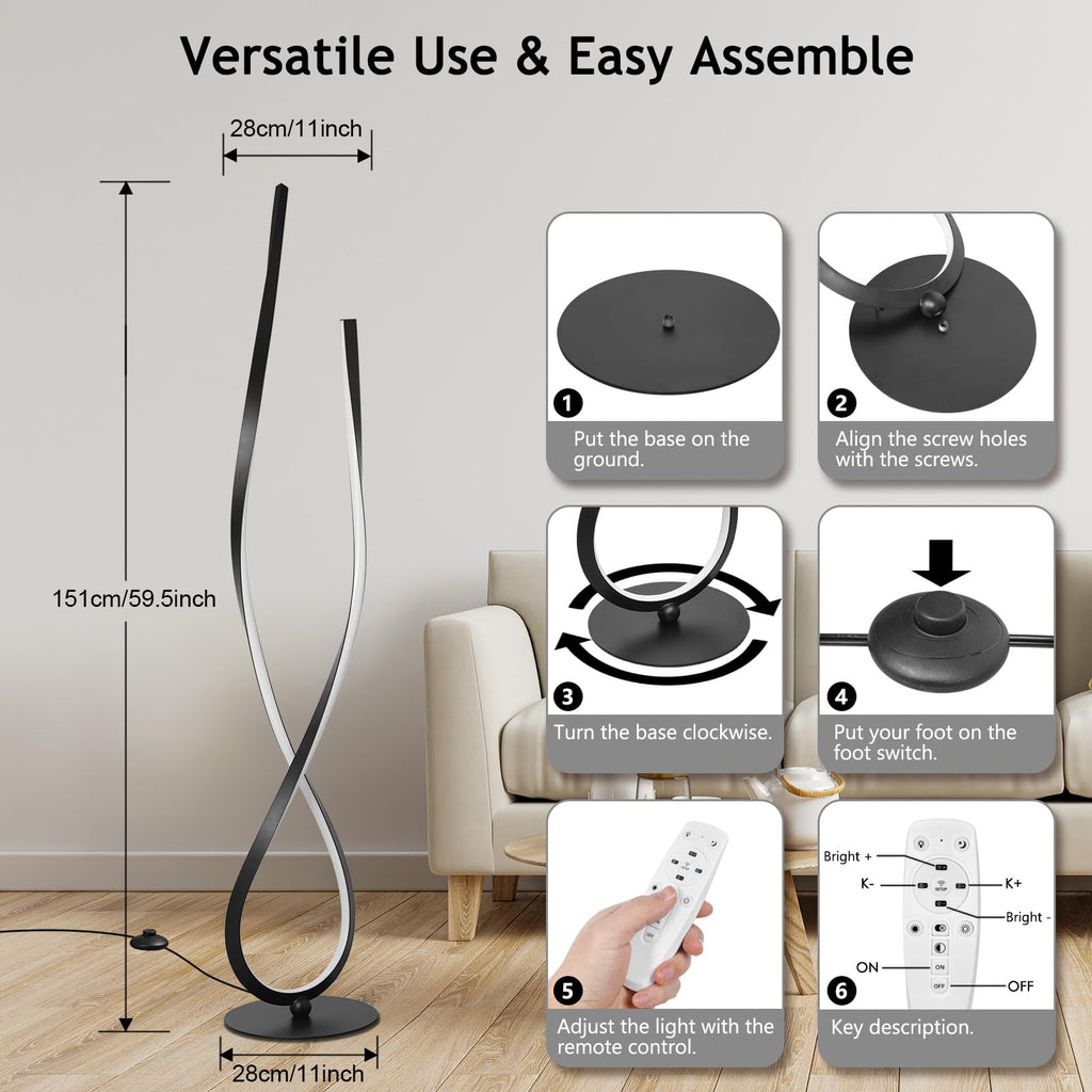 59" Black Spiral LED Floor Lamp, Modern Standing Lamp with Remote
