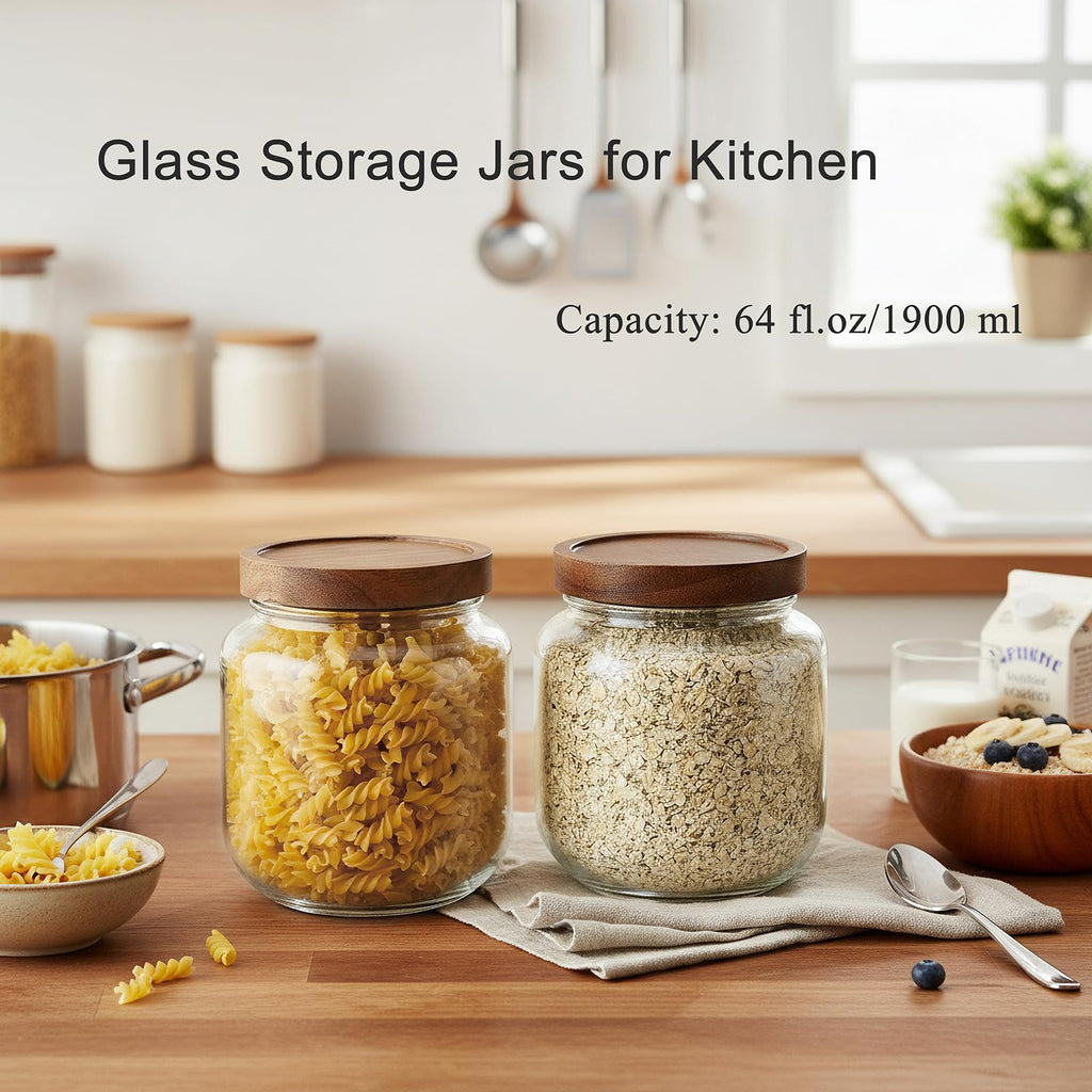 Set of 2 Cookie Jars with Airtight Lid, 1/2 Gallon Glass Jars with Acacia Wooden Lid, 64 oz Wide Mouth Mason Jar for