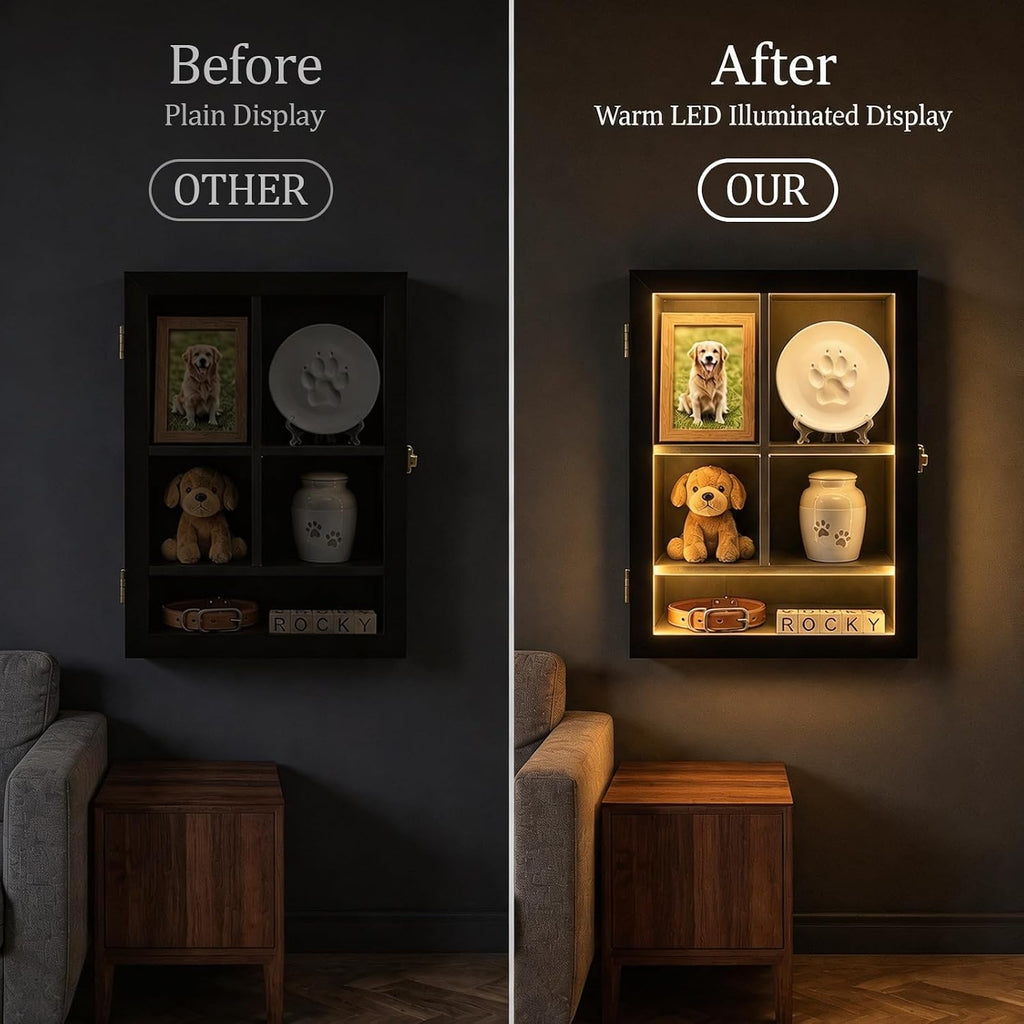 12x16 LED Pet Memorial Shadow Box Wooden Remembrance Frame with Key Lock