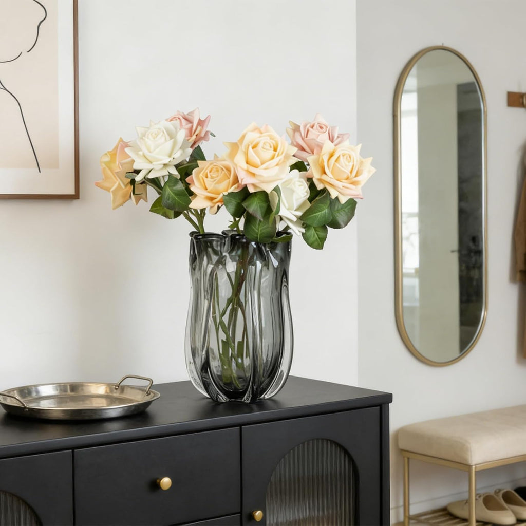 Black Advanced Grey Glass Vase for Flowers, Hand Blown Art Glass Glass vase,Room Decoration and Centerpiece