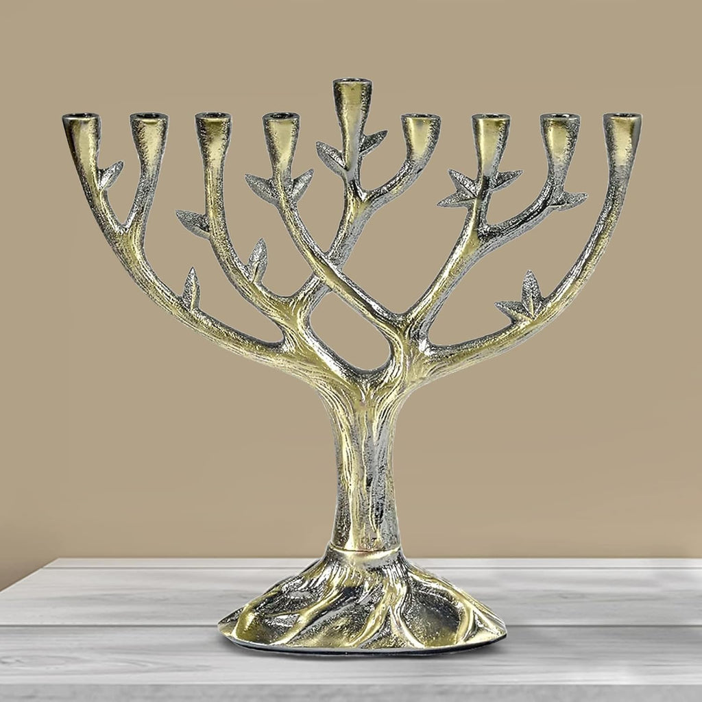 Hanukkah Tree of Life 9 Branch Candle Holder - Tall Textured Antiqued Bronze & Silver Finish Jewish Candlestick