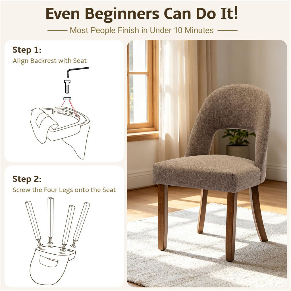 Wooden Dining Chairs Set of 4, Upholstered Kitchen Chairs with Walnut Wood Legs and Curved Linen Fabric Backrest