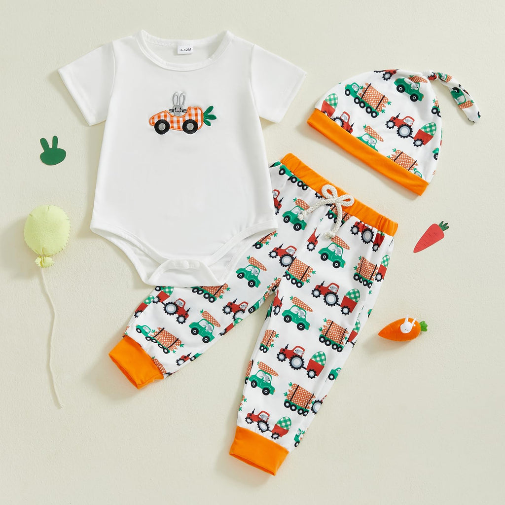 Newborn Baby Clothes Boy Funny Letter Short Sleeve Onesie Romper+Long Pants Set Infant Summer Outfits (White Easter