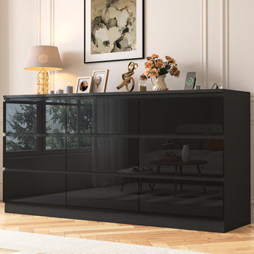 70 INCH 9 Drawers Dresser with Power Outlet, Wide High Gloss Chest of Drawers Large, Modern Storage Drawer Dresser