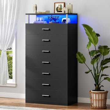 Black Tall Dresser with Column Design & Led Lights, 7 Drawers Wood Led Dresser, Black