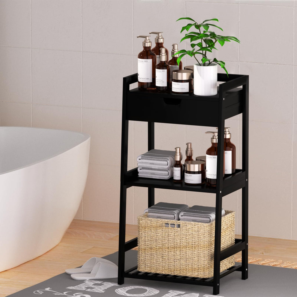 3 Tier Bamboo Bathroom Shelves with Drawer, Ladder Shelf Storage, Space-Saving Design, Stylish Display Nightstand