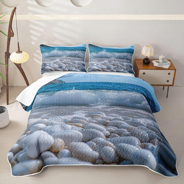 Pebble Quilt Beach Cobble Print Quilt Set 3D Stone Gravel Quilted Bedspread Hawaii Beach Coverlet