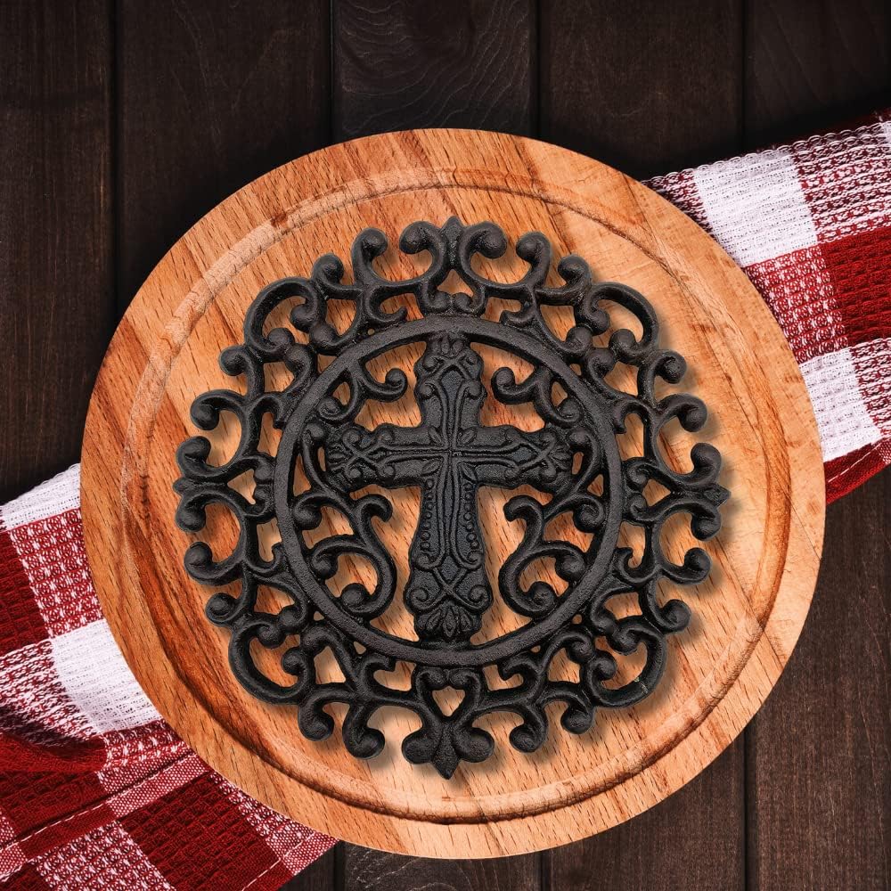 9" Round Cross Decorative Cast Iron Trivet, Religious Hot Pot Holder, Vintage Style Teapot Stand & Hot Pad, Heavy