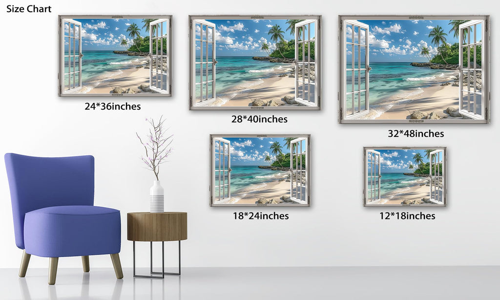 Beach Pictures Wall Art Decor, Blue Ocean Painting, White Window Frame Style Palm Trees Canvas Artwork, Blue