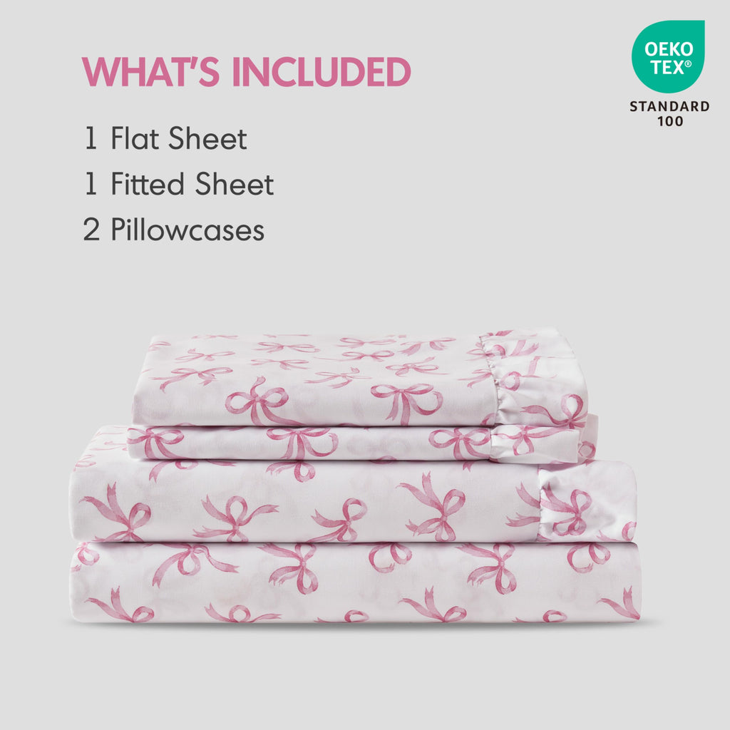 Bow Ruffle Sheet Set 4 Piece, White/Pink