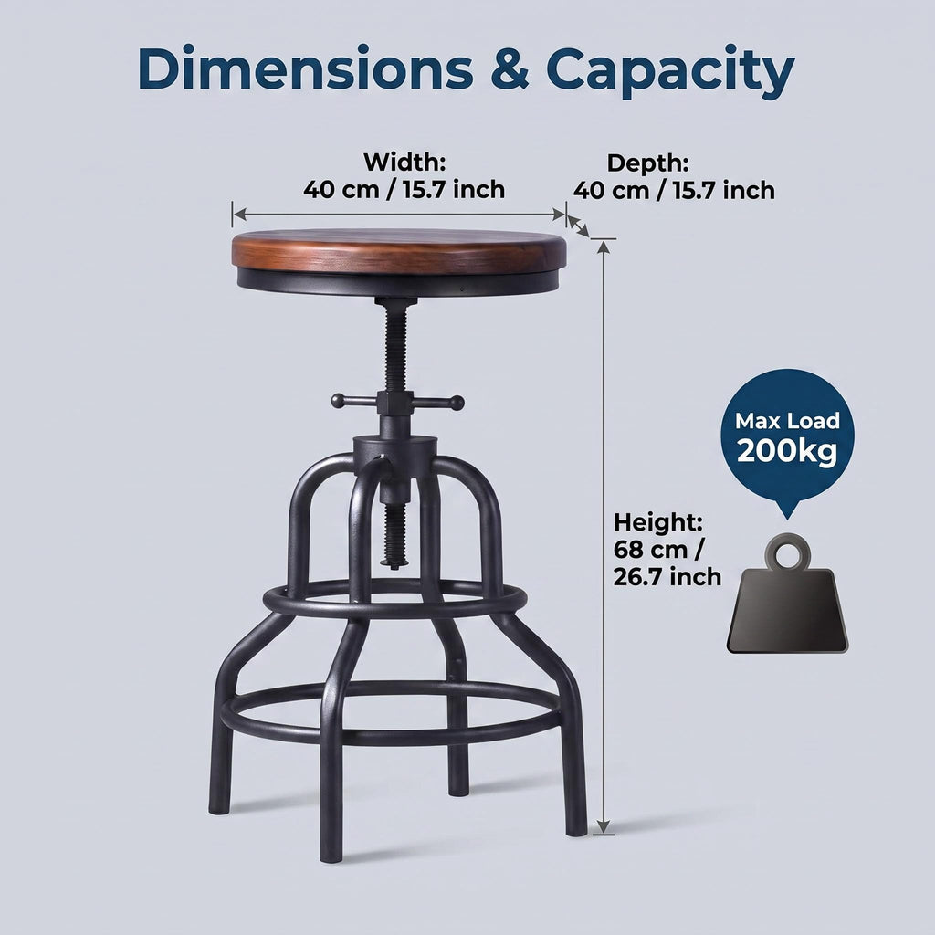 Industrial Bar Stools, Screw Twist Height Adjustable Counter Stool with Round Solid Wood Seat, Matte Black Iron
