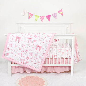 Floral Crib Bedding Set for Girls, 4 Pieces Pink Baby Nursery Bedding Set for Standard Size Crib, Including Soft
