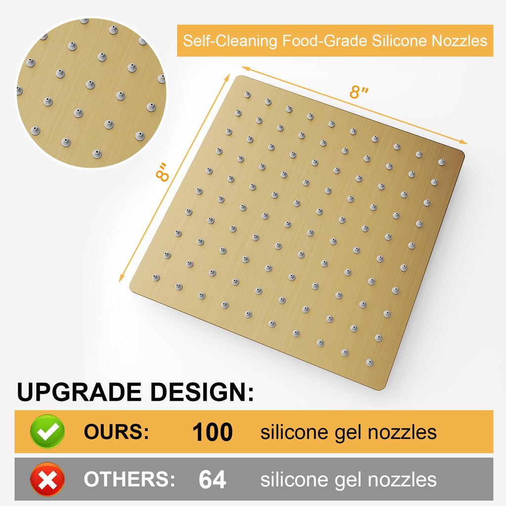 8 In Rain Shower Head High Pressure Rainfall Shower Head Brushed Gold