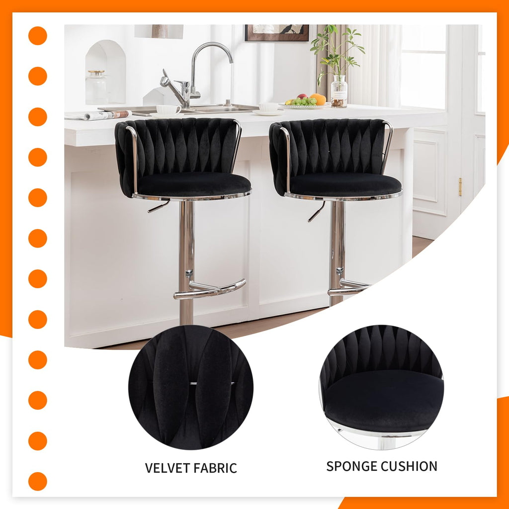 Velvet Bar Stools Set of 2, Counter Height Bar Chairs with Low Back, Swivel Barstools Island, Bar Pub (Black)