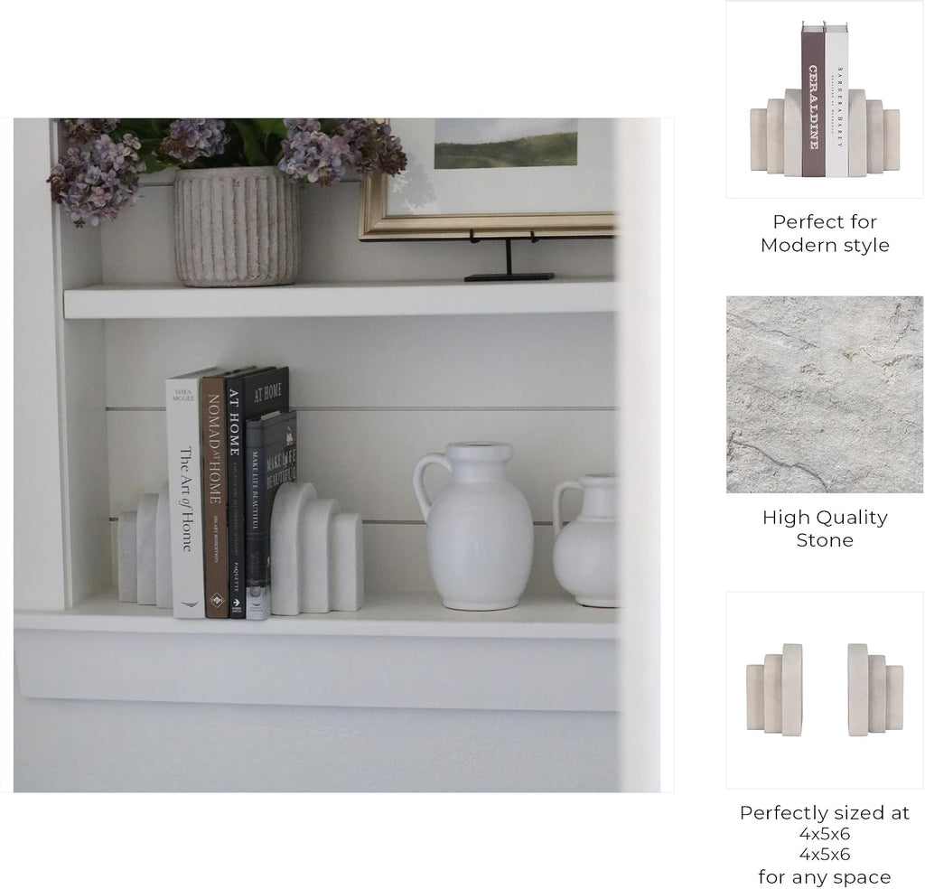 White Marble Bookends - Decorative Stone Book Holders for Shelves, Desks & Tables - Modern Home & Office Shelf