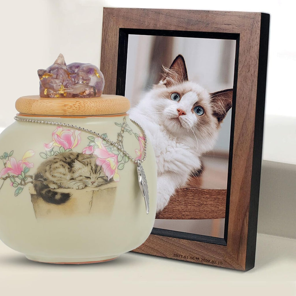 Cat Urn for Ashes Ceramic, Small Pet Urn with Crystal Cat Sculpture Trim