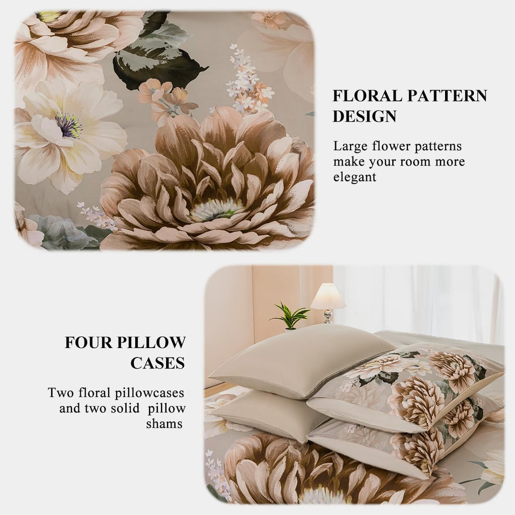 Comforter Set Full Khaki Floral Bedding Set 7 Pieces Flower Bed Set with Sheets Reversible Large Peony Printed On