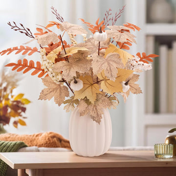 Fall Decor - Ceramic Pumpkin Vase with Autumn Maple Leaf Pumpkin Berry Stems - Table Centerpieces Thanksgiving - Set of 15