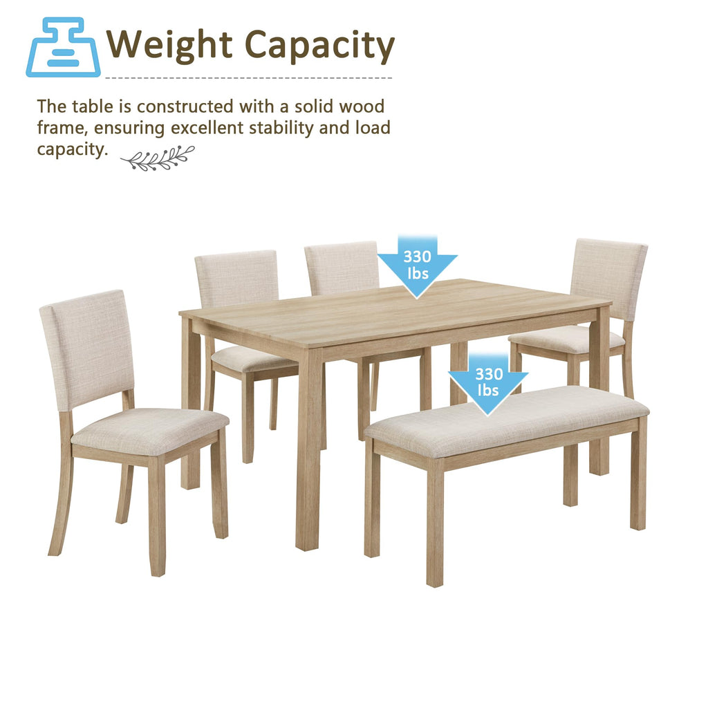 6-Piece Dining Set with Bench & 4 Upholstered Chairs, 58.5" Modern Farmhouse Kitchen Table for 6, Easy Assembly, Light