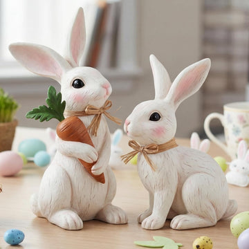 Easter Bunny Figurines Decorations Rabbit Resin Statues Easter Figure Statues Beige Rabbit Figurines - Set of 2