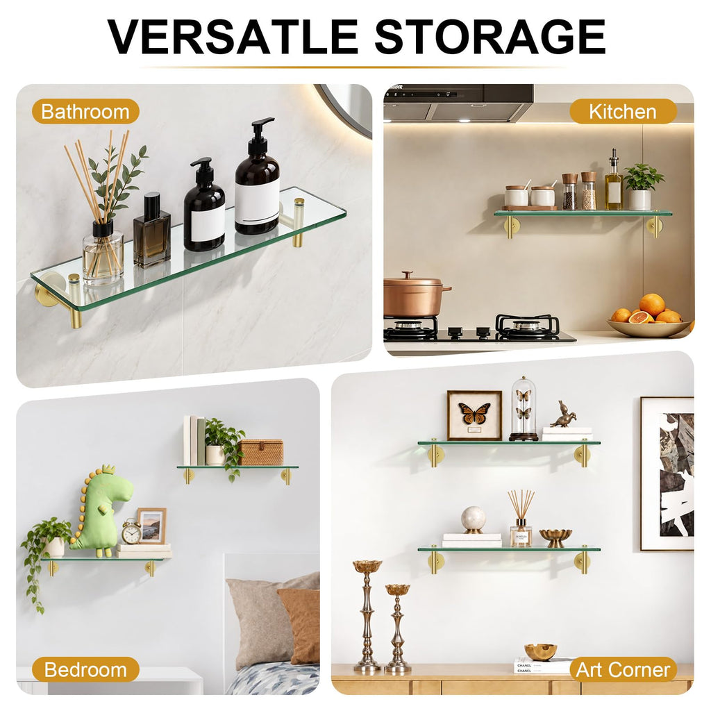 20 Inch Glass Shelf Brushed Gold Floating Wall Shelves