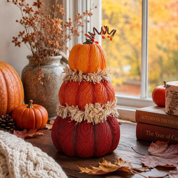 Fall Pumpkin Decor, 7.5in Resin Pumpkins Figurine for Fall Decor, Stacked Knit Textured Pumpkin Fall Decorations