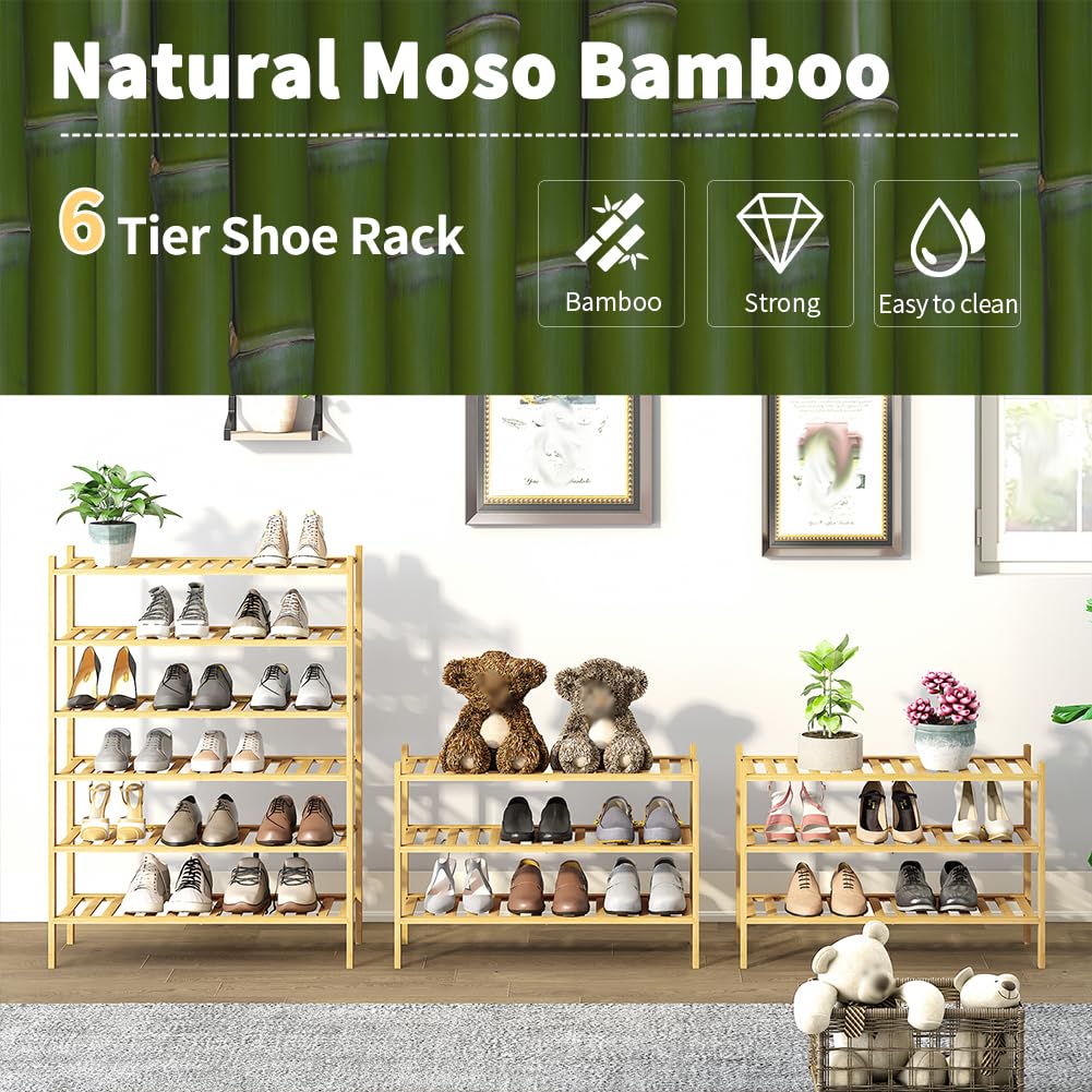 6-Tier Bamboo Shoe Rack, Stackable | Heavy Duty | Multi-Function, Free Standing Shoe Racks Hallway Closet
