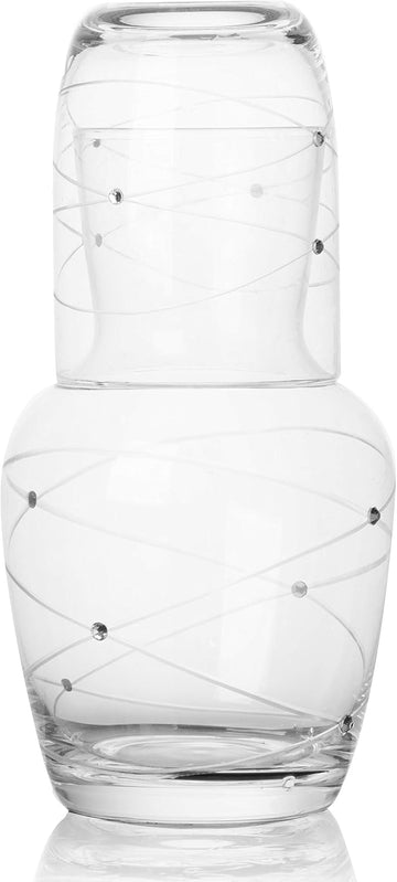 Calici Nightstand Water Carafe With Tumbler - Etched Swirl Design With Stones - 2 Piece Water Set Pitcher And Cup
