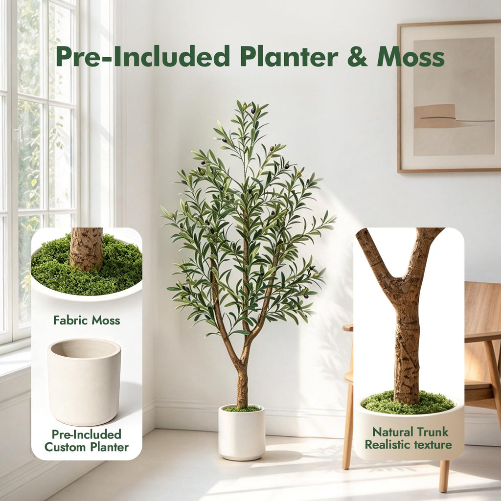 Olive Trees Artificial Indoor: 5FT Faux Olive Tree with White Tall Planter & Moss, Large Fake Plants with Natural