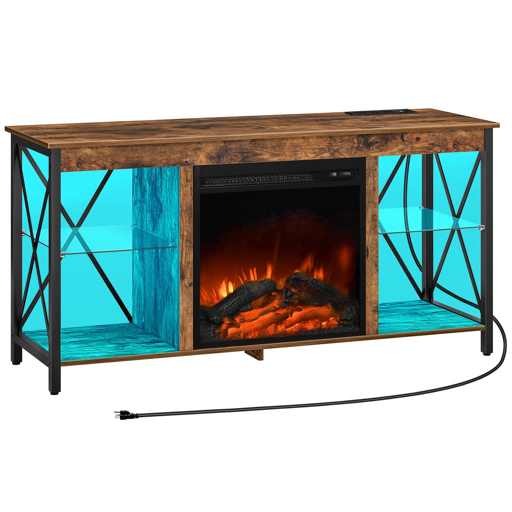 Fireplace TV Stand with Charging Station and LED Lights, TV Stand with Fireplace for TVs up to 55", Entertainment