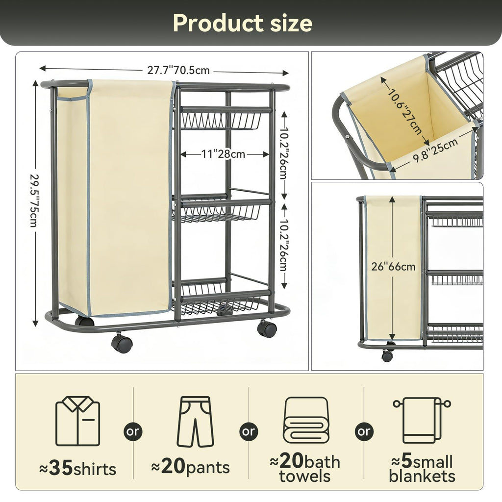 Slim Laundry Cart with Wheels, 3 Tier Rolling Laundry Sorter with 45L Bag