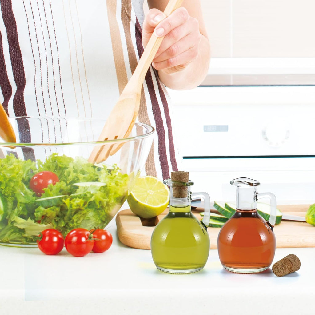 Oil and Vinegar Cruet, Glass Dispenser with Airtight Stopper, Condiment Bottles for Salad Dressing - Set of 2