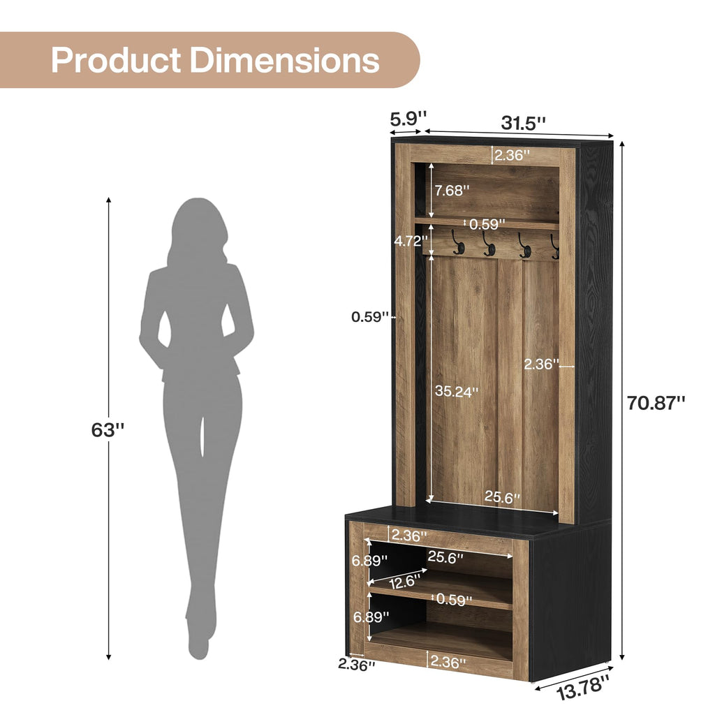 Hall Tree with Shoe Storage Bench, Farmhouse Entryway Coat Rack