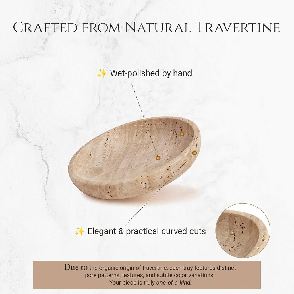 Natural Travertine Valet Tray - 5.5" Round Stone Jewelry Trinket Dish Catchall for Keys, Watches, Rings - Decorative