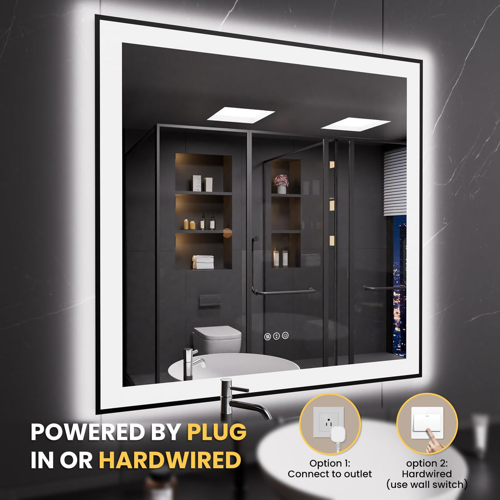 36"X36" LED Bathroom Mirror Black Framed