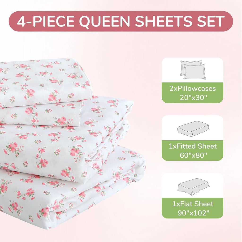 Queen 4 Piece Sheet Set, Soft Breathable Bed Sheet Set for Bedroom with Deep Pocket Up to 16", Wrinkle-Free & Cooling