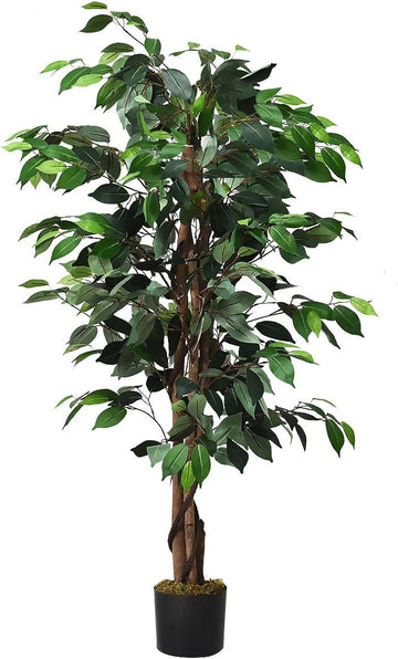 4FT Artificial Ficus Silk Tree, Potted Fake Tree w/Green Leaves and Natural Trunk, Maintenance Free, Tall Faux Plant