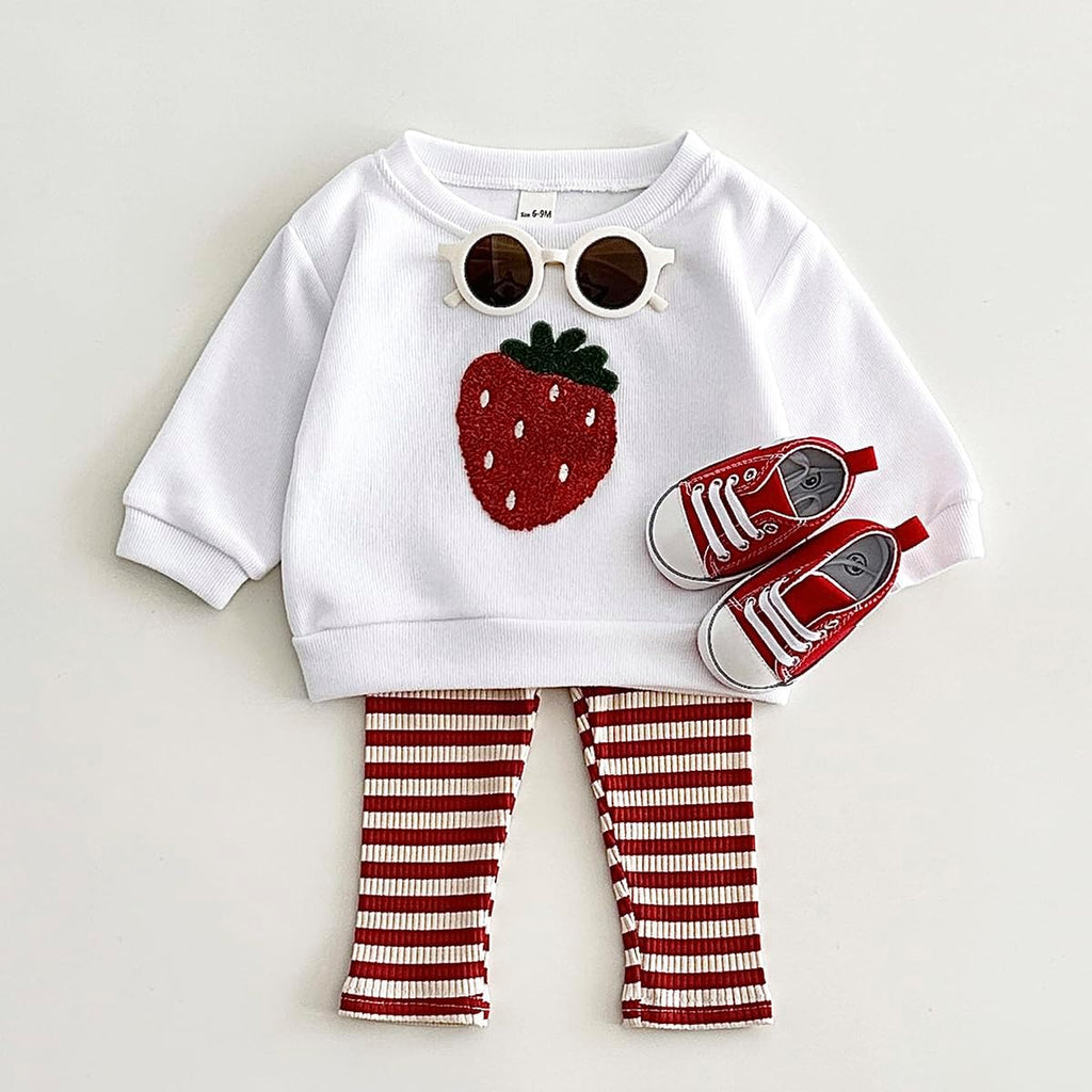 Baby Girls' And Toddler Long Sleeve Active Shirt and Pant, 2 Piece, Strawberry & Lemon Embroidery Top + Stripe Pants