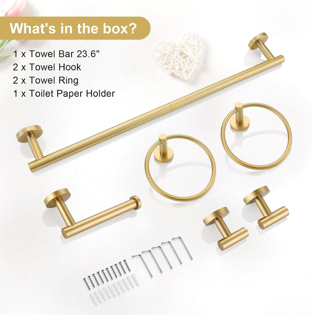 Brushed Gold Bathroom Hardware Set 6-Piece Bathroom Accessory Set 23.6 Inch Round Stainless Steel Towel Bar Set Wall
