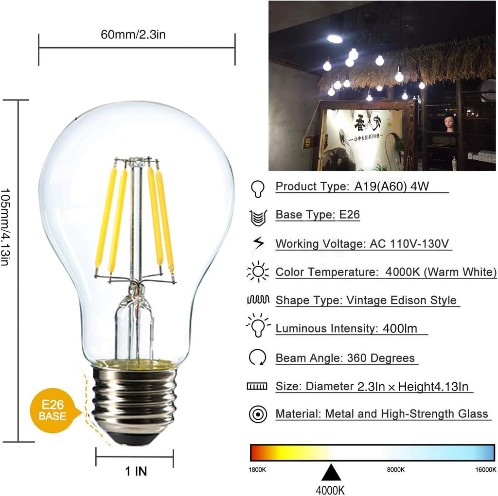 Dimmable 4W Vintage LED Filament Bulb 4000K Daylight White, Edison A19/A60 LED Light Bulbs, 40W Equivalent E26 Medium