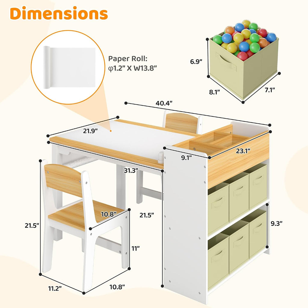 Kids Art Table and Chairs, Wooden Kids Craft Table and Chairs with Storage Bins and Paper Roll, Toddler Activity Play