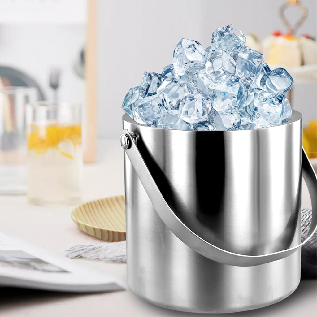Ice Bucket with Lid Strainer Tong,2QT Double Walled Stainless Steel Insulated Ice Bucket Container,Good Sealing Ice