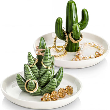 Ceramic Ring Holder Dish, Decorative Round Jewelry Display Trays, Aloe & Cactus Small Trinket Plate, Gift - Set of 2
