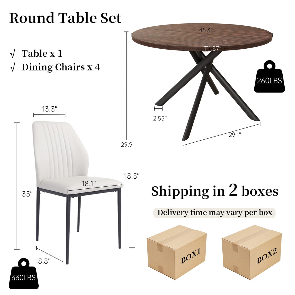 45.3'' Walnut Round Dining Table Set for 4, Mid Century Modern Small Coffee Set Kitchen Apartment (Dark Walnut Table