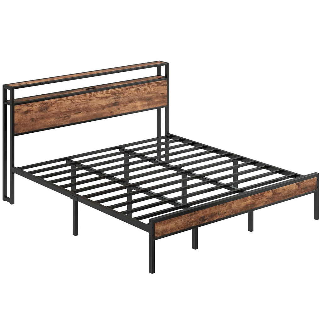 King Size Bed Frame with USB Charging Station & Storage Headboard, Modern Metal Platform Bed with Large Under Bed