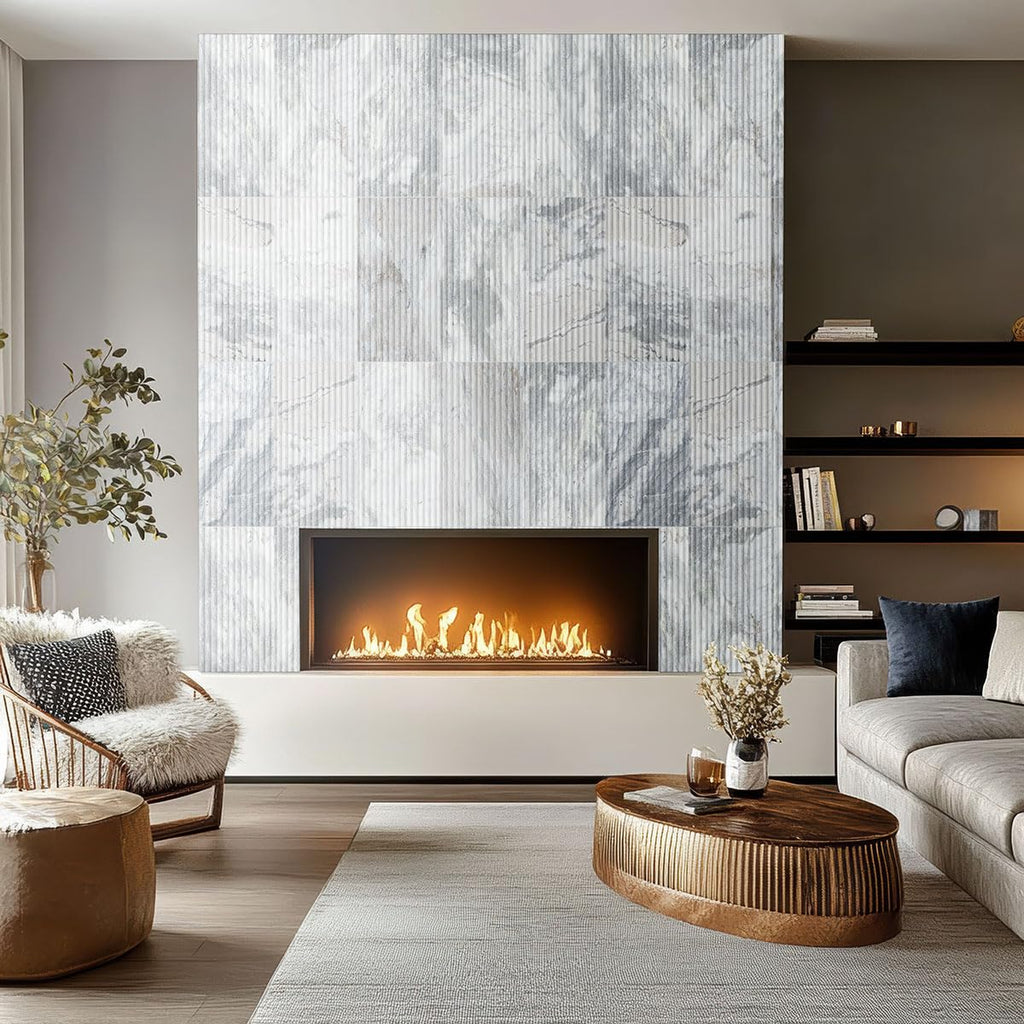 Bluestone Milano 12x24 Honed Fluted Marble Wall Tile - Textured Surface Accent, Fireplace Surround, or Shower