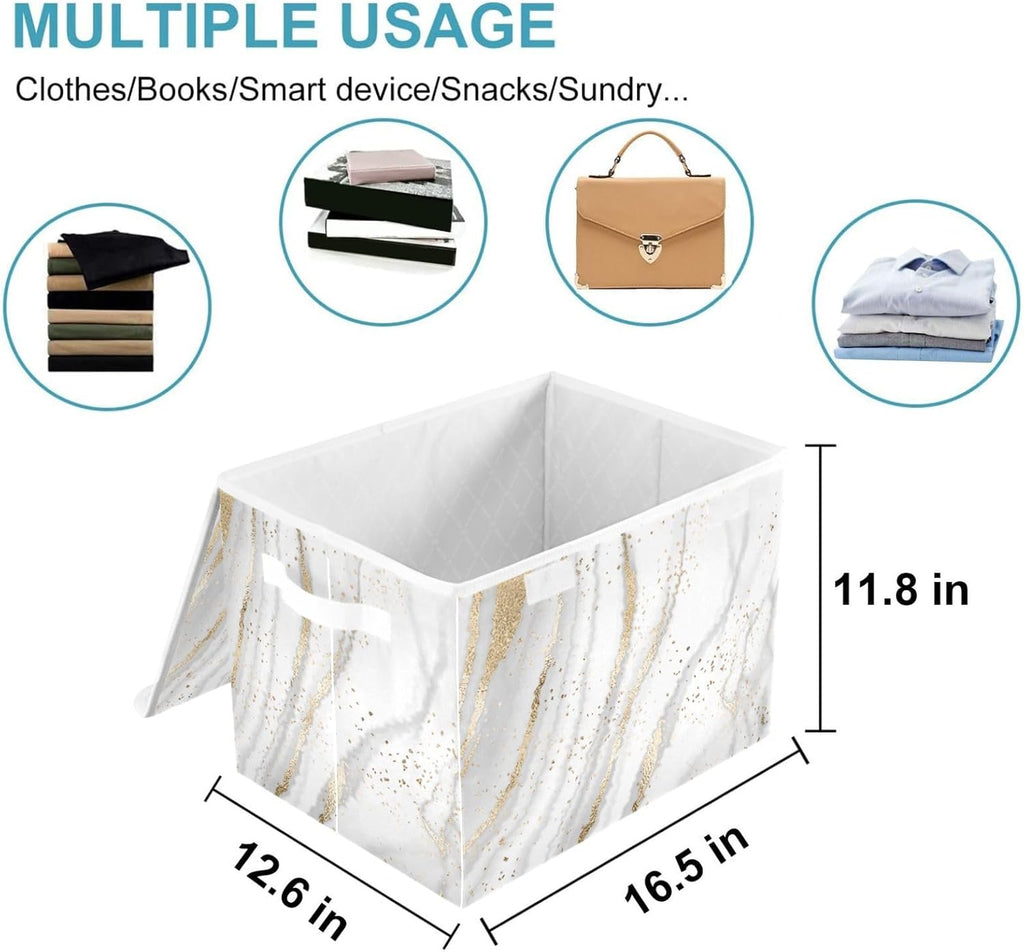 Large Fabric Storage Bins With Lids, Gold White Marble Storage Boxes With Handles for Organizing Clothes, Collapsible